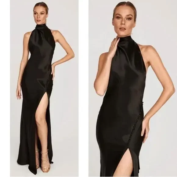 Revolve Sau Lee Black Penelope Halter Tie Neck Maxi Gown Size 2 NWT $550 msrp - Picture 5 of 8